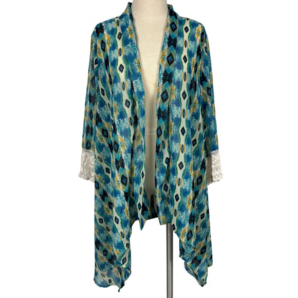 J Lee Sweaters - J Lee Blue Southwestern Aztec Print Kimono‎ Cardigan Lace Sleeve Boho XL